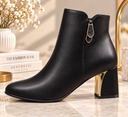 Black Pointed Toe Ankle Boots with Golden Block Heel