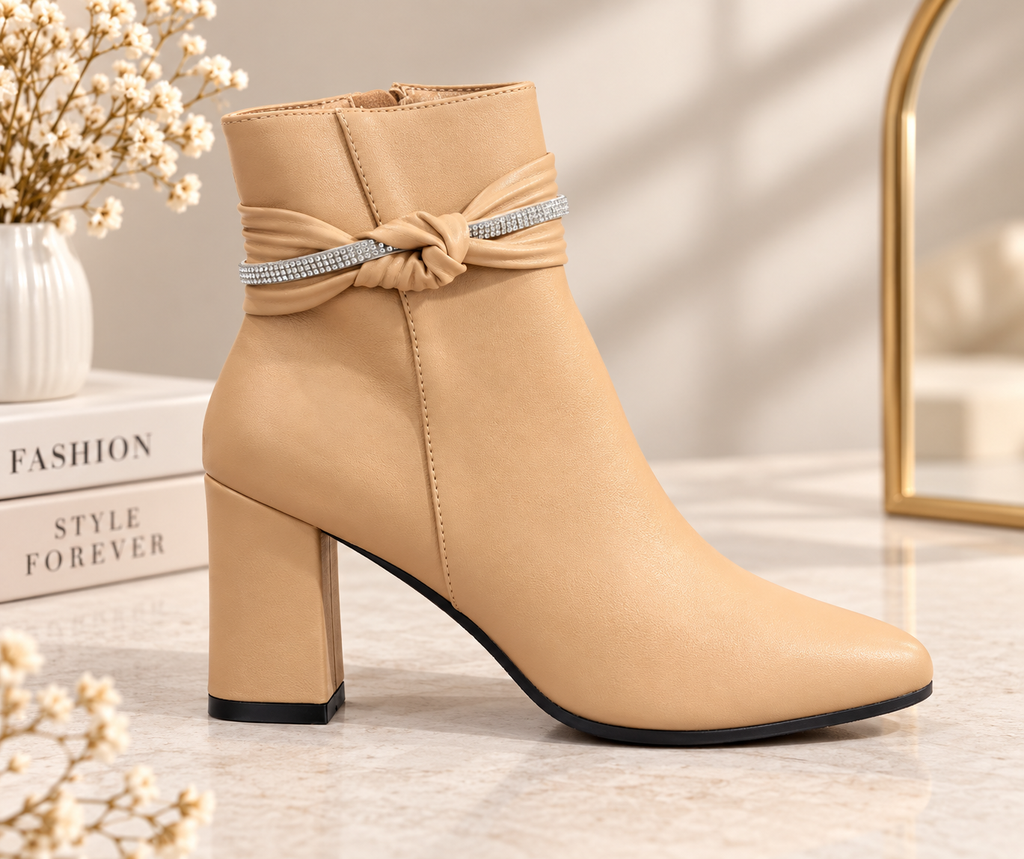 Beige Embellished Ankle Boots with Block Heel (36)