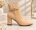 Beige Embellished Ankle Boots with Block Heel
