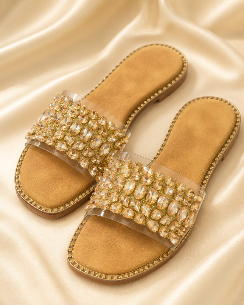 Women Stone Work Flat Slippers (Golden, 37)